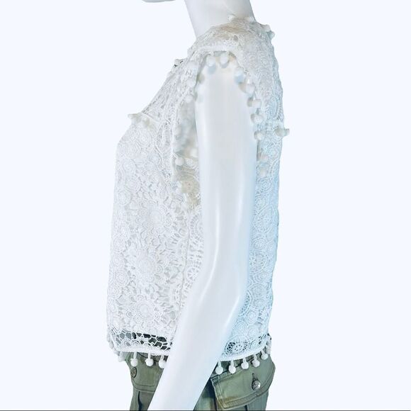 Lace Embroidered Short Sleeve Pom Pom Blouse White Coquette - Picture 4 of 10